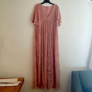 PinkBlush Mauve Lace Mesh Overlay Maternity Maxi Dress